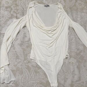 Fashion Nova Cream Draped Cold-Shoulder Bodysuit
